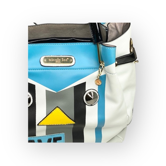 Nicole Lee ᯾ Striped Patchwork 'Have Fun' Satchel Handbag Bag ᯾ Vegan Leather ᯾ - Picture 10 of 16